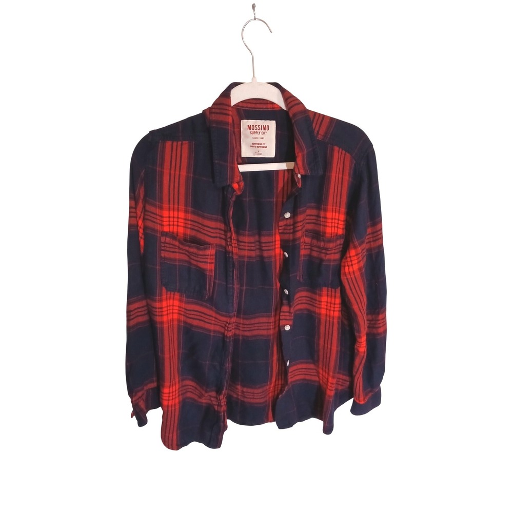 Mossimo Supply Co Womens Red Navy Plaid Boyfriend Fit Rayon Button Down Shirt S